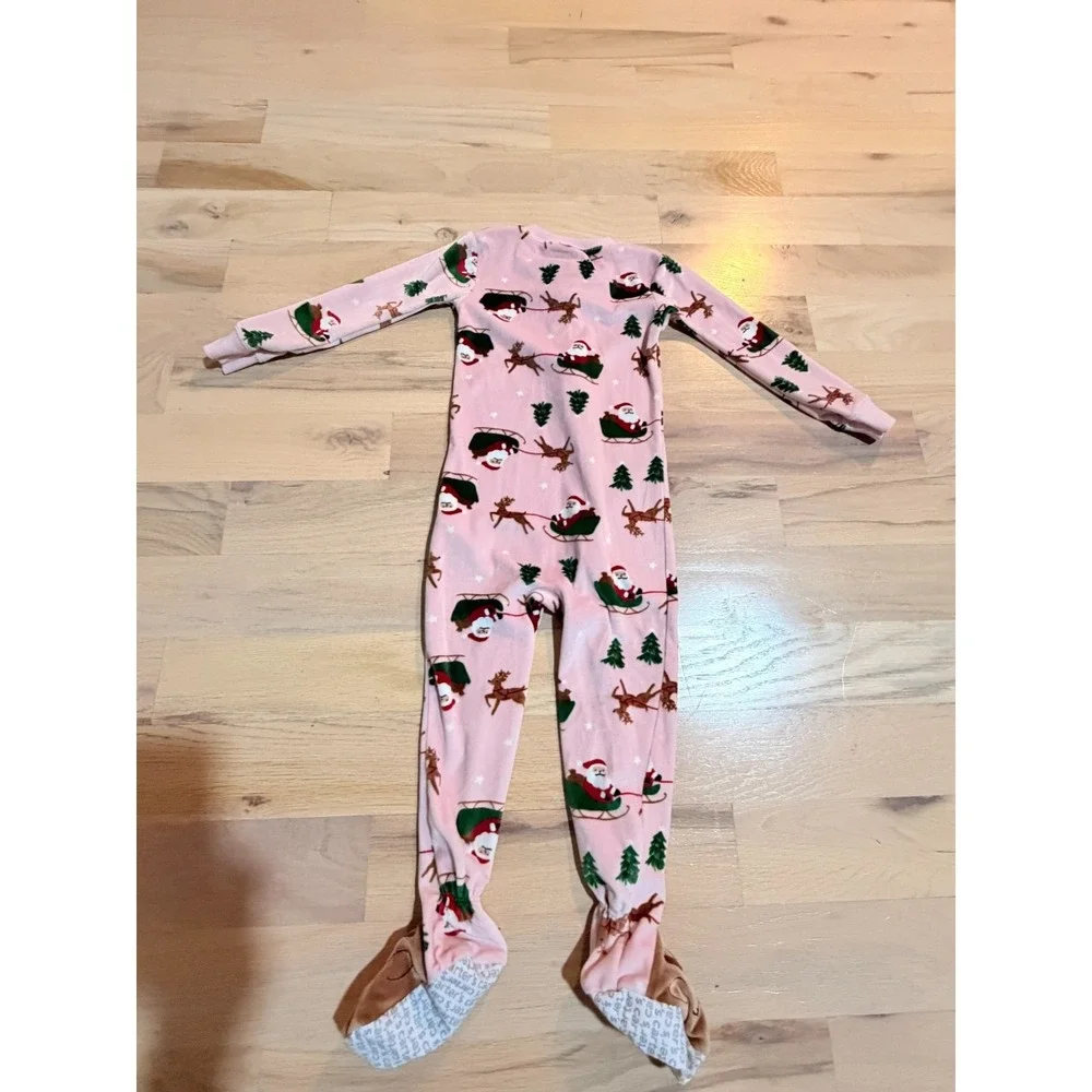 Carter's Child of Mine 3T Velour Footed Pajamas Pink Holiday Reindeer Feet Santa